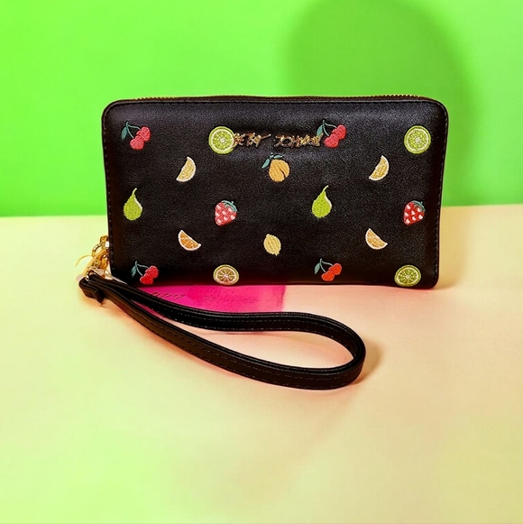 Betsey Johnson Handbags - NEW Betsey Johnson Black Fruit Cherry Embroidered Wallet Wristlet Zip Around NWT